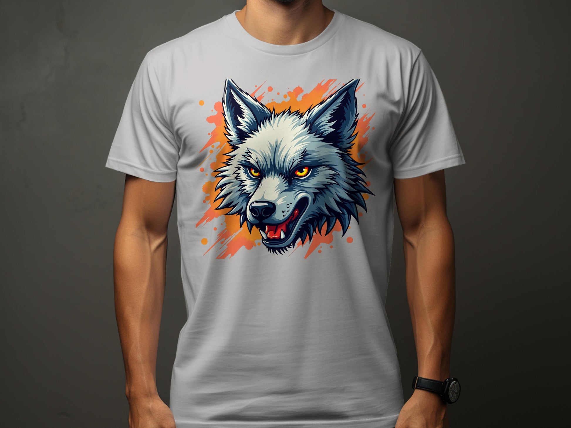 Dressed in a Garment Graphics T-shirt, someone showcases a wolf graphic with intense yellow eyes and an open mouth on an abstract orange and blue splash background. This light gray shirt expresses a fearless personality by seamlessly combining boldness with style.