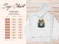 On the left, a size chart for the Garment Graphics Gildan 18500 heavy blend hooded sweatshirt (S to 5XL) shows width and length in inches. On the right, a white hoodie with a fierce owl illustration captivates with its unique style and medium-heavy fabric.