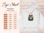 On the left, a size chart for the Garment Graphics Gildan 18500 heavy blend hooded sweatshirt (S to 5XL) shows width and length in inches. On the right, a white hoodie with a fierce owl illustration captivates with its unique style and medium-heavy fabric.
