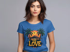 A person wears a Garment Graphics blue T-shirt with ONE LOVE printed, featuring two palm trees and a bird against a Tropical Sunset. The backdrop is a simple gray gradient, reflecting the serenity of an ideal beach outing.