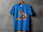 A Garment Graphics blue T-shirt features a vibrant artwork of a colorful stylized panther resting in bright hues, artistically set against a textured gray background to enhance the vivid design.