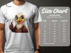 A person wearing a Garment Graphics T-shirt with a cartoon eagle giving a thumbs up stands by the size chart for Gildan 5000 heavy cotton tees. These classic fit shirts, available in sizes S to 5XL, add whimsy to any wardrobe with detailed width and length measurements.