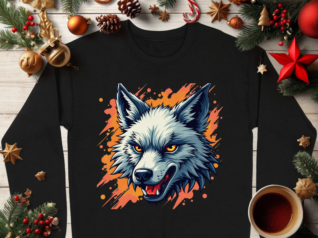 A Garment Graphics black shirt with a fierce wolf graphic on an orange splatter background is displayed. It’s surrounded by Christmas decorations, pinecones, star anise, and a coffee cup on wood, making a bold statement with your wild side.