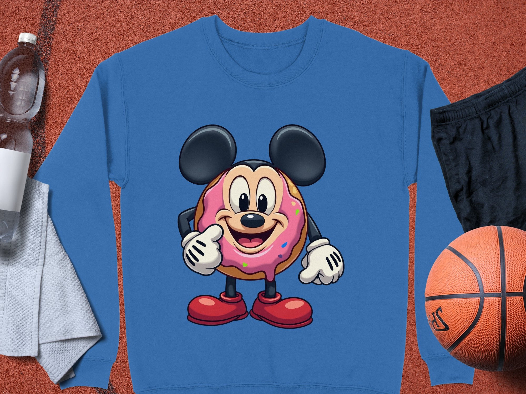 The Garment Graphics sweatshirt showcases a cute cartoon donut with large round ears, red shoes, and white gloves. Paired with a basketball, black shorts, water bottle, and gray towel, it adds a playful touch to any wardrobe.