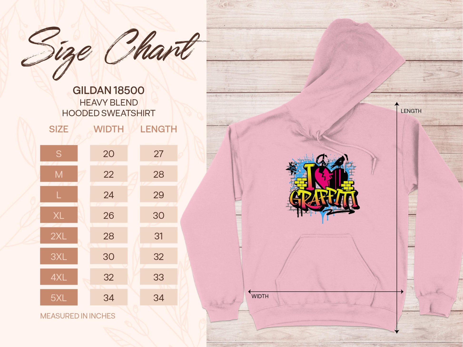 Garment Graphics offers a pink hooded sweatshirt with an I Love Graffiti design, perfect for enhancing any casual wardrobe. The Gildan 18500 size chart (S-5XL) on the left shows width and length, making it stand out in graffiti-themed hoodies.