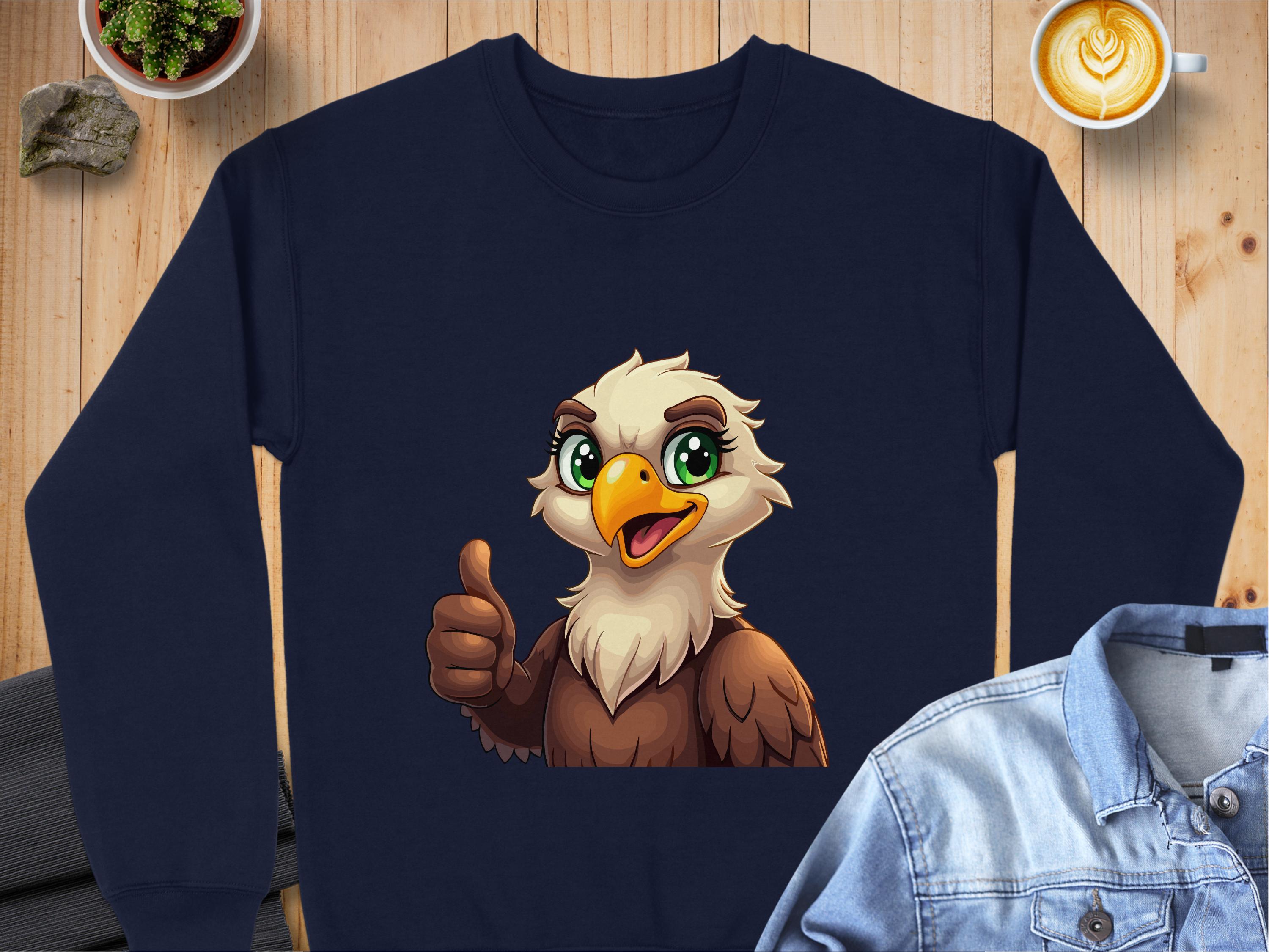 A navy sweatshirt from Garment Graphics with a cartoon eagle giving a thumbs-up rests on wood, paired with an open denim jacket and a latte with heart art, while a small plant and rock in the top left add charm to the unisex sizing display.