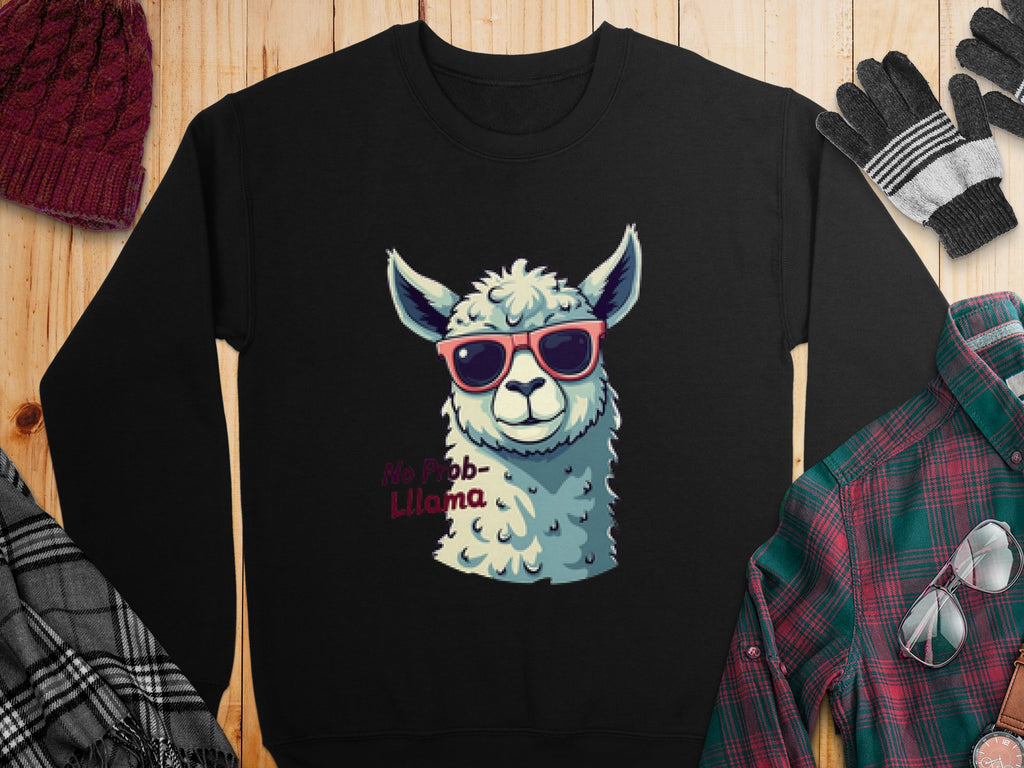 This unisex black No Prob-Llama sweatshirt by Garment Graphics features a llama illustration with red sunglasses. Its showcased on a wooden surface with a plaid shirt, notebook, gloves, and knit hat.