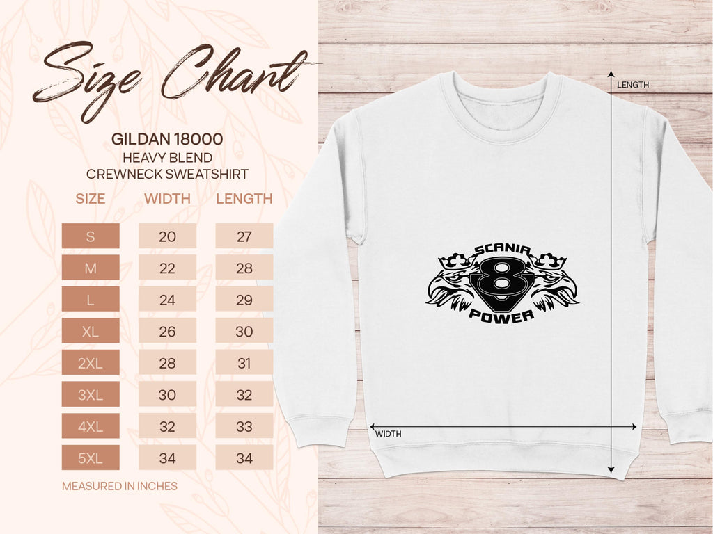 Garment Graphics offers a size chart for the Gildan 18000 heavy blend crewneck with Scania Power on a large number 8 and striking design. Sizes S to 5XL are detailed in inches for width and length, with an image showing labeled dimensions.
