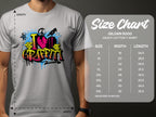 A person sports a gray tee featuring a vibrant I Love Graffiti street art design with paint splatters and bricks. A size chart for Garment Graphics T-Shirts by Gildan 5000 is shown, listing sizes S to 5XL with measurements in inches.