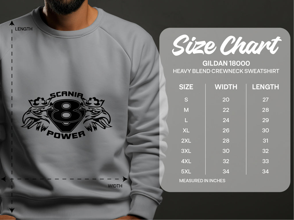 A Garment Graphics sweatshirt featuring the Scania Power 8 logo is shown with a size chart for the Gildan 18000 Heavy Blend Crewneck Sweatshirt, available in sizes S to 5XL. The chart provides detailed width and length measurements in inches for each size.