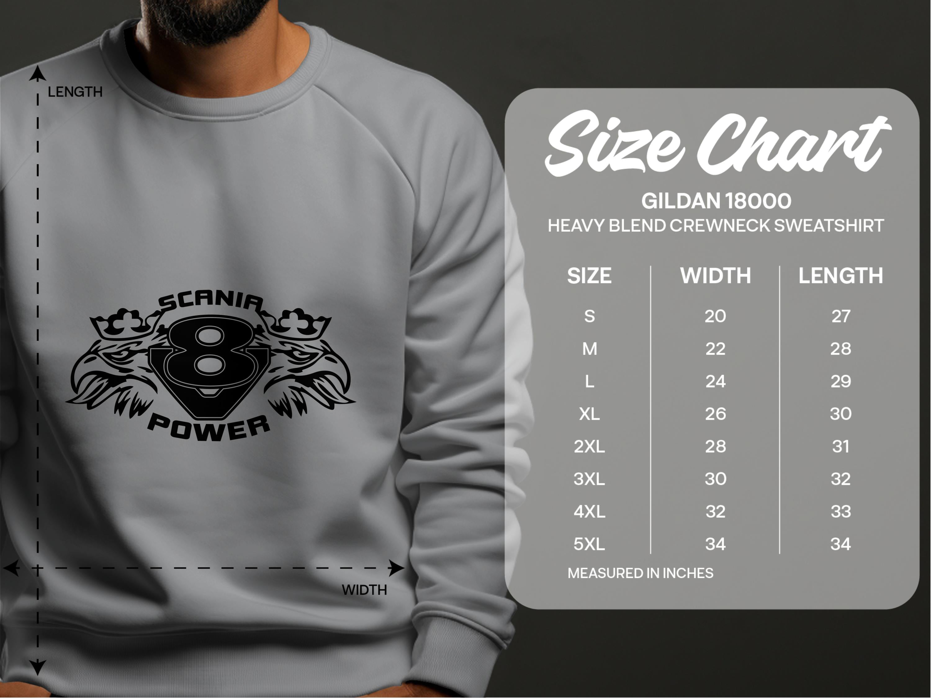 A Garment Graphics sweatshirt featuring the Scania Power 8 logo is shown with a size chart for the Gildan 18000 Heavy Blend Crewneck Sweatshirt, available in sizes S to 5XL. The chart provides detailed width and length measurements in inches for each size.
