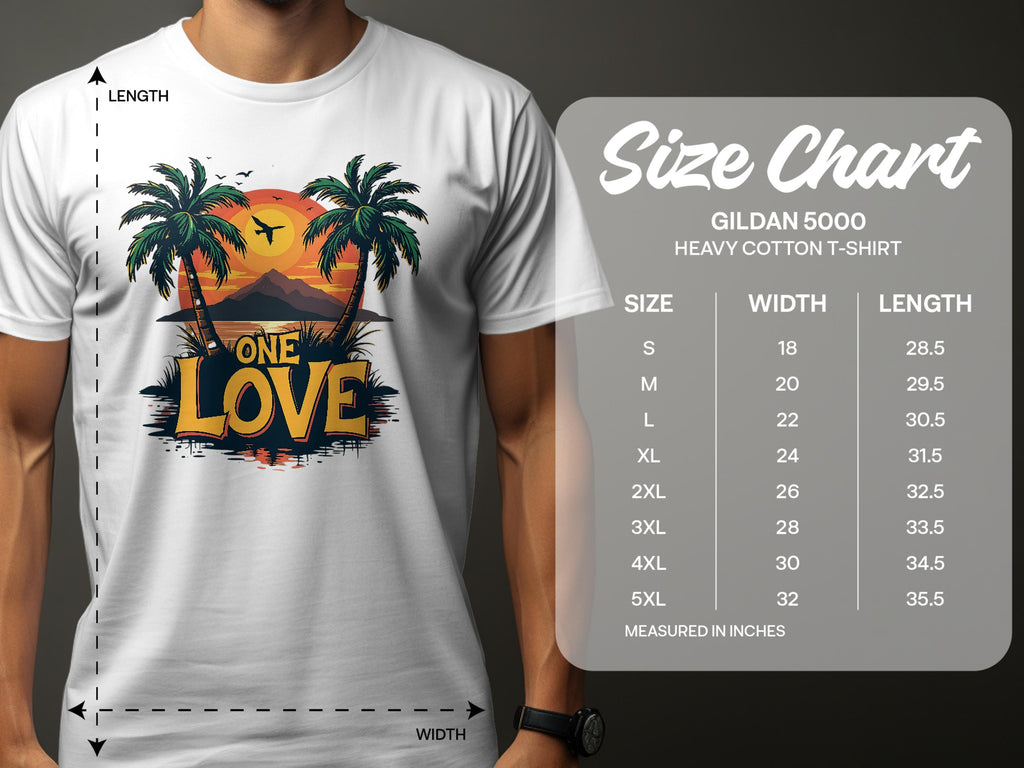 A beach lover sports a Garment Graphics white T-shirt with a tropical sunset, palm trees, and One Love. Nearby is the Gildan 5000 size chart for sizes S to 5XL, showing widths and lengths in inches.