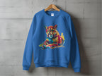 A blue sweatshirt by Garment Graphics hangs on a wooden hanger against a gray concrete wall, featuring a vibrant abstract illustration of a resting cougar. Its unique style is enhanced by unisex sizing for universal appeal.
