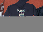 Garment Graphics navy blue classic fit hoodie showcases a llama in funny sunglasses with the phrase No Prob-Llama. Nearby are a water bottle, towel, black shorts, and an orange basketball on a textured surface.