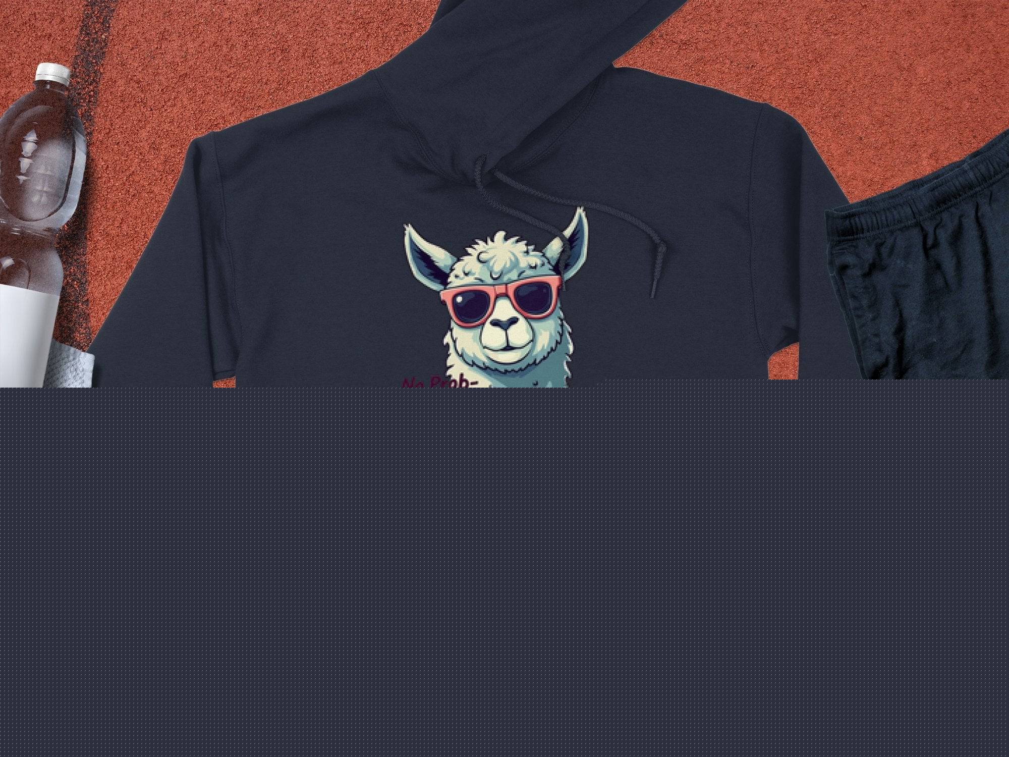 Garment Graphics navy blue classic fit hoodie showcases a llama in funny sunglasses with the phrase No Prob-Llama. Nearby are a water bottle, towel, black shorts, and an orange basketball on a textured surface.