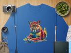 A blue sweatshirt with a vibrant big cat design from Garment Graphics is displayed on wood, surrounded by a camera, lens, fruit bowl, map, green notebook, and burlap sack. This unique piece offers unisex sizing for adventurous spirits.