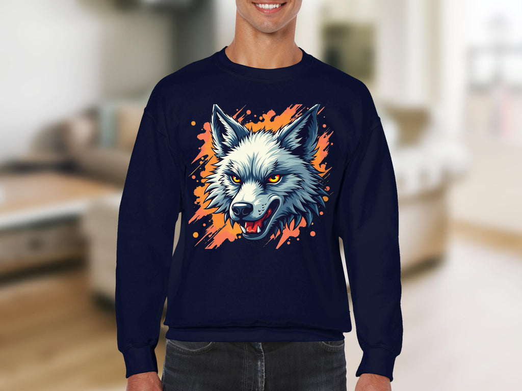 A person sports a dark blue Garment Graphics sweatshirt featuring a fierce wolfs head and orange splatter design, set against light furniture.