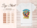 Garment Graphics presents a white T-shirt with a vibrant dog in sunglasses and the text Pawsitive Stylish. Includes Gildan 5000L Heavy Cotton Womens size chart from S to 3XL in inches. A perfect blend of style and comfort.