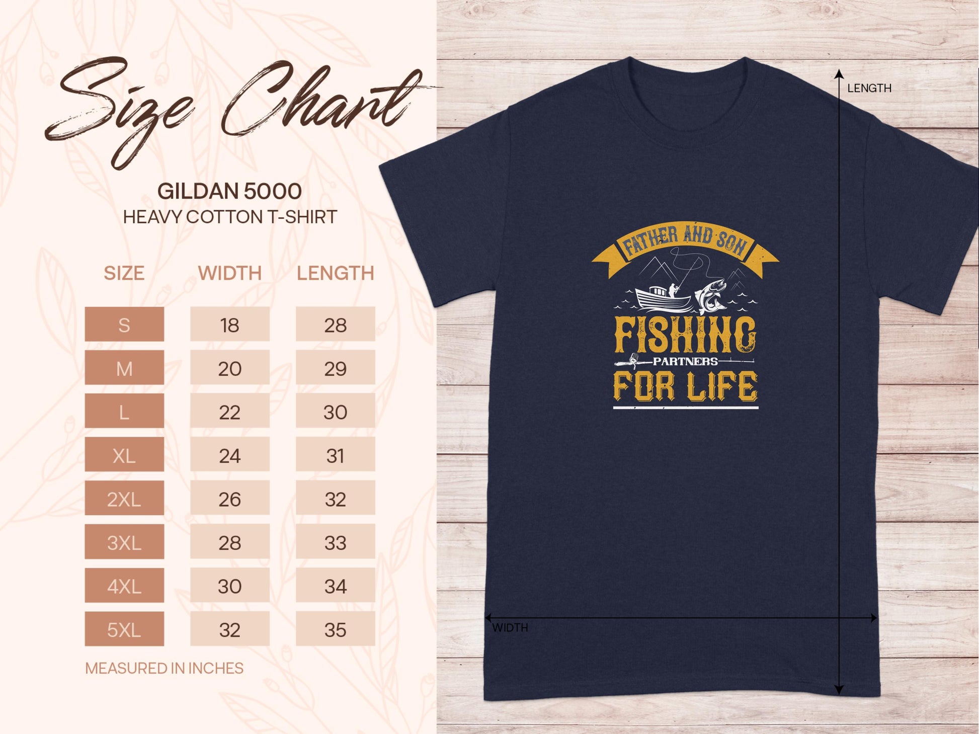 Next to a black Gildan 5000 heavy cotton tee, this size chart showcases Garment Graphics Father and Son Fishing Partners For Life design. Featuring a boat and fish, these fishing shirts are available in sizes S to 5XL for family bonding.