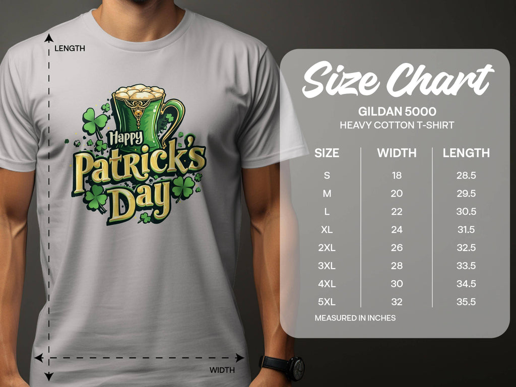 Wearing a Happy Patricks Day T-shirt by Garment Graphics featuring beer mugs and shamrocks makes a festive statement. A size chart for Gildan 5000 shirts, sizes S to 5XL, provides width and length in inches for the ideal fit among the celebrations.