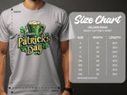 Wearing a Happy Patricks Day T-shirt by Garment Graphics featuring beer mugs and shamrocks makes a festive statement. A size chart for Gildan 5000 shirts, sizes S to 5XL, provides width and length in inches for the ideal fit among the celebrations.