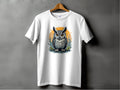 Garment Graphics presents a white T-shirt featuring an intricately designed owl with large eyes and detailed feathers, set against a circular backdrop of subtle greenery and yellow accents, elegantly displayed on a wooden hanger.