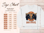 An image presents a size chart for Garment Graphics Gildan 18000 crewneck, offering unisex sizes S to 5XL with measurements. Beside it is a white sweatshirt featuring a bold bullock design with two bulls and the word BULLOCKS.