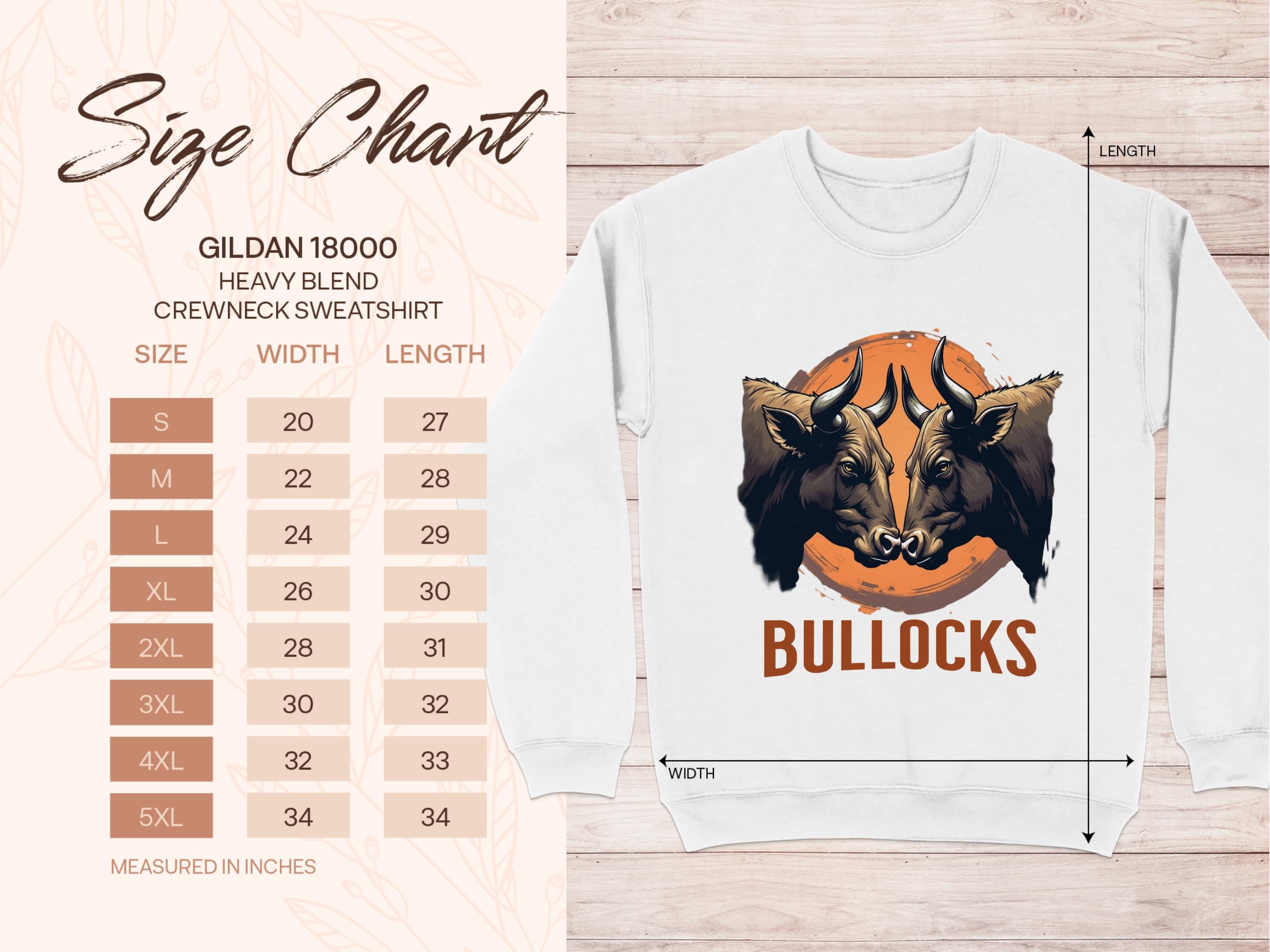 An image presents a size chart for Garment Graphics Gildan 18000 crewneck, offering unisex sizes S to 5XL with measurements. Beside it is a white sweatshirt featuring a bold bullock design with two bulls and the word BULLOCKS.