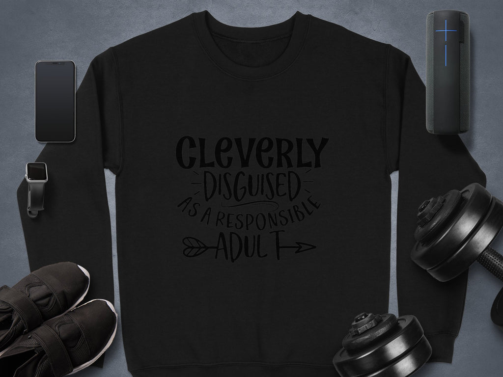A black Garment Graphics sweatshirt humorously states, Cleverly disguised as a responsible adult in a stylized font. Featured on a gray surface are surrounding items like a smartphone, portable speaker, smartwatch, shoes, and adjustable dumbbells. Perfect for any unisex wardrobe.