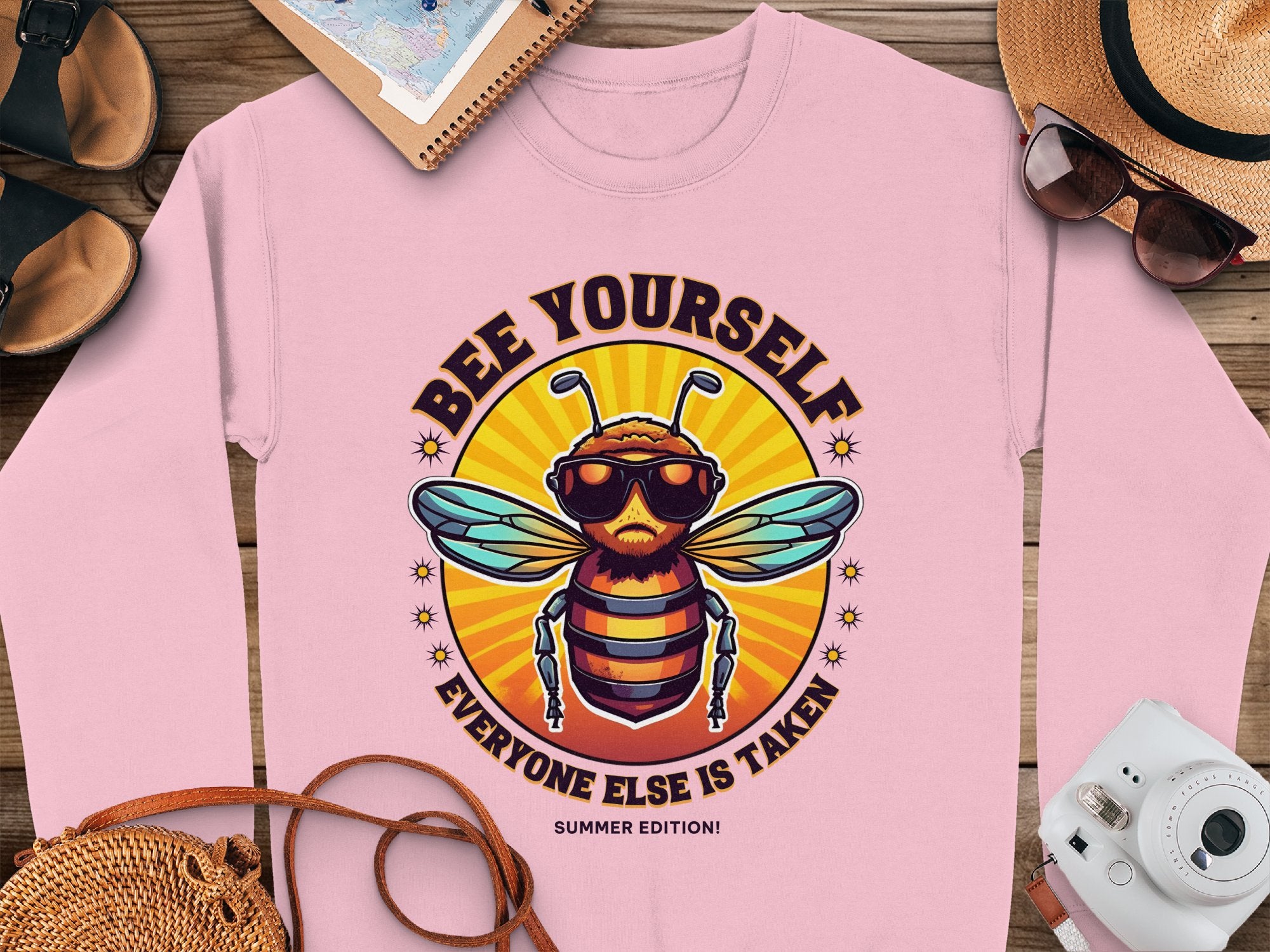 The Garment Graphics Summer Edition Sweatshirt showcases a pink design with a cartoon bee in sunglasses and the text Bee Yourself, Everyone Else is Taken. Displayed on wood with summer items, its available in unisex sizes for all.