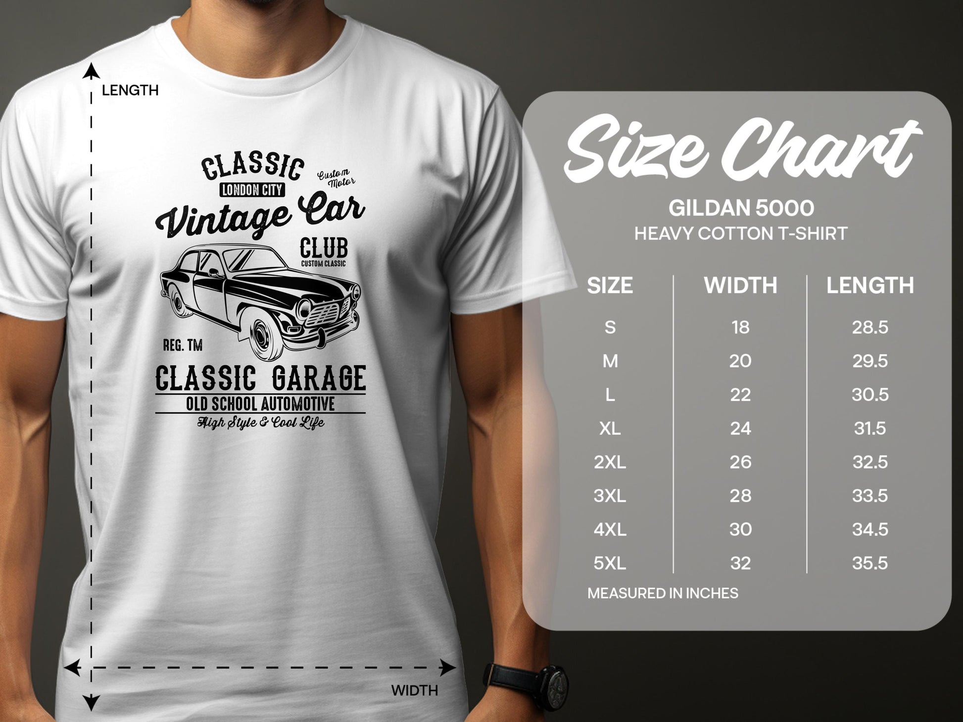 The image shows a white Garment Graphics t-shirt with a Vintage Car Club design. Alongside, theres a size chart for the Classic Fit Gildan 5000 heavy cotton t-shirt, listing sizes S to 5XL with their width and length measurements in inches.
