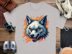 A Garment Graphics gray T-shirt features a striking wolf head with sharp teeth and glowing orange eyes. Its styled on wood with accessories like a camera, binoculars, leather gloves, and a brown leather pouch to reflect its bold persona.