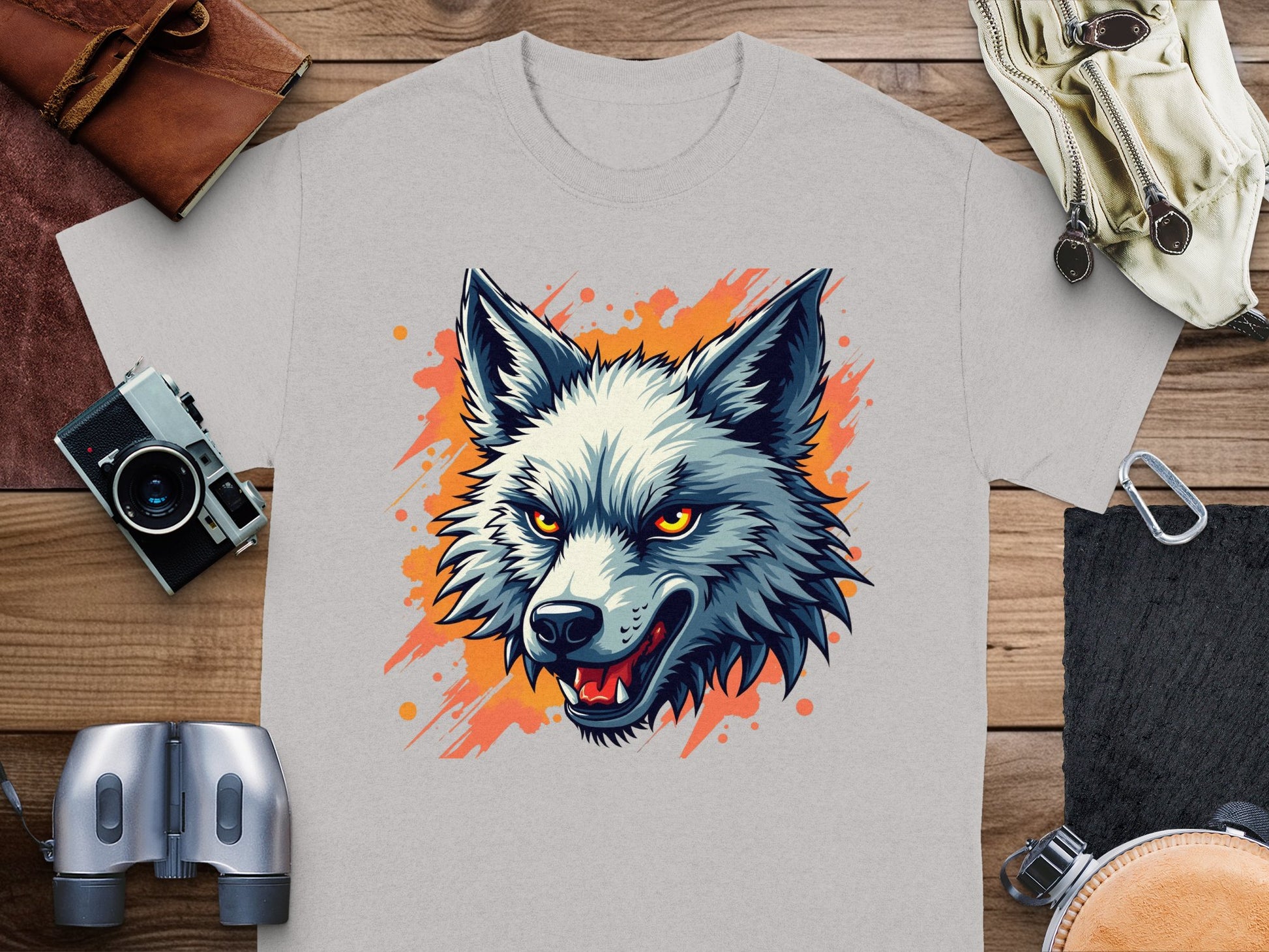 A Garment Graphics gray T-shirt features a striking wolf head with sharp teeth and glowing orange eyes. Its styled on wood with accessories like a camera, binoculars, leather gloves, and a brown leather pouch to reflect its bold persona.