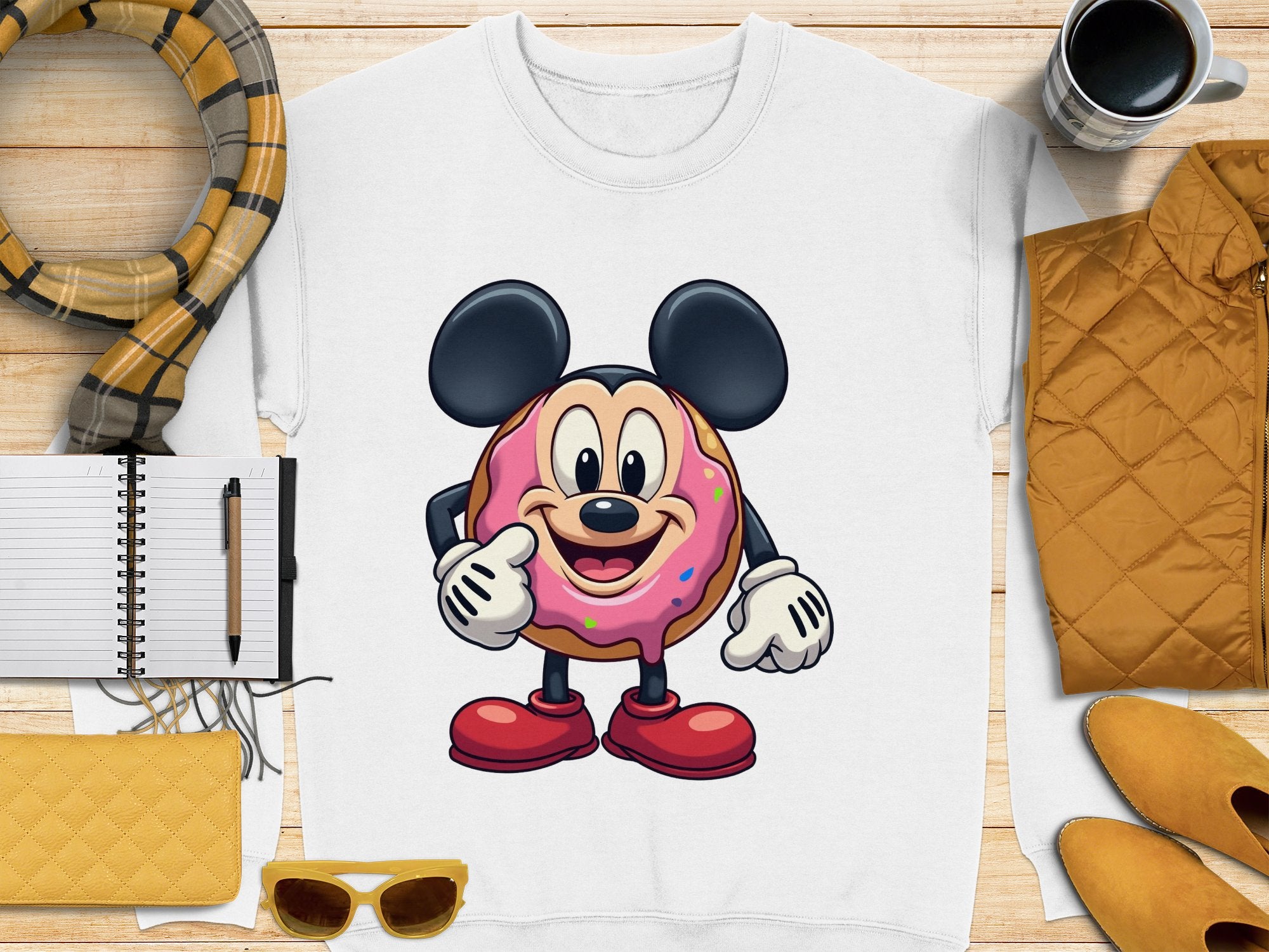 A white sweatshirt from Garment Graphics displays a donut character with mouse-like features in red shoes, holding a pink sprinkled treat. Comes with a plaid scarf, notebook with pen, yellow clutch, sunglasses, mustard jacket, and coffee cup. Unisex sizing offers versatile style.