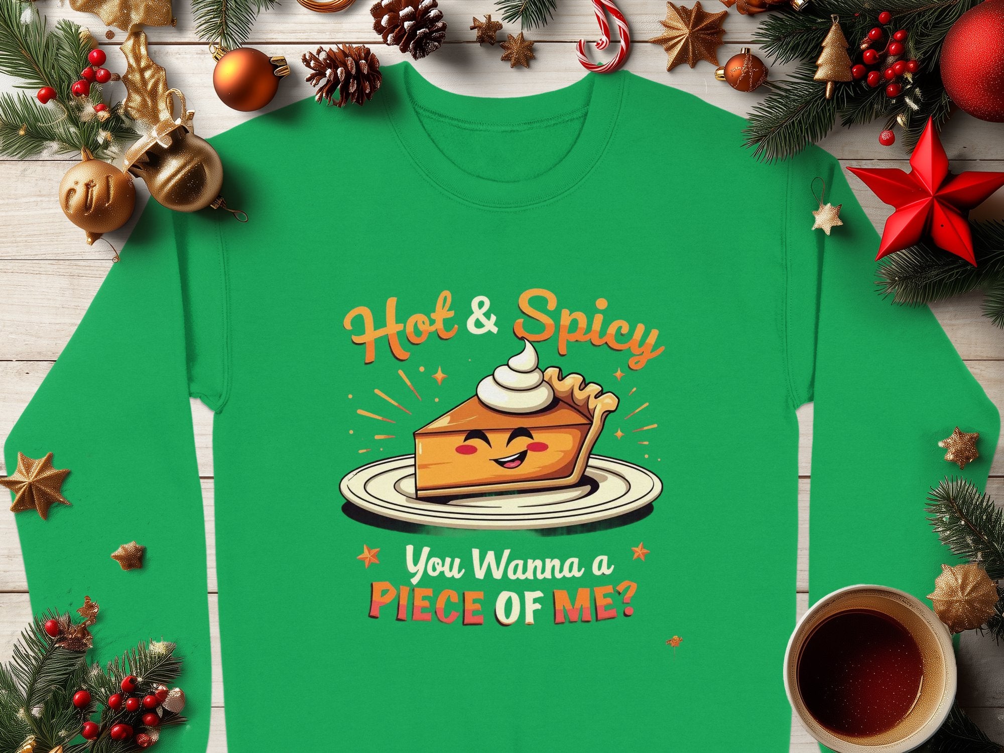 Garment Graphics presents a unisex green Christmas sweater featuring a playful pie character with whipped cream, smiling mischievously. The phrases Hot & Spicy and You Wanna a Piece of Me? complete the festive look, surrounded by decorations and a coffee cup, perfect for holiday fun.