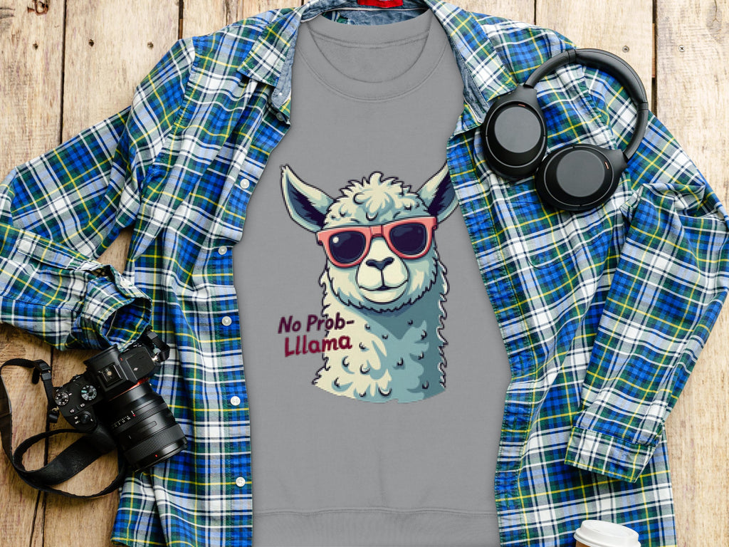 A Garment Graphics unisex gray sweatshirt with a llama in red sunglasses and No Prob-llama text is placed on a plaid shirt. Nearby are a camera, headphones, and takeaway coffee on wood. Its perfect for adding humor to any outfit.