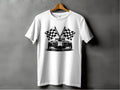 Garment Graphics white graphic T-shirt, showcasing a race car with crossed checkered flags, captures the thrill of Formula One racing. Its displayed on a wooden hanger against a gray wall.