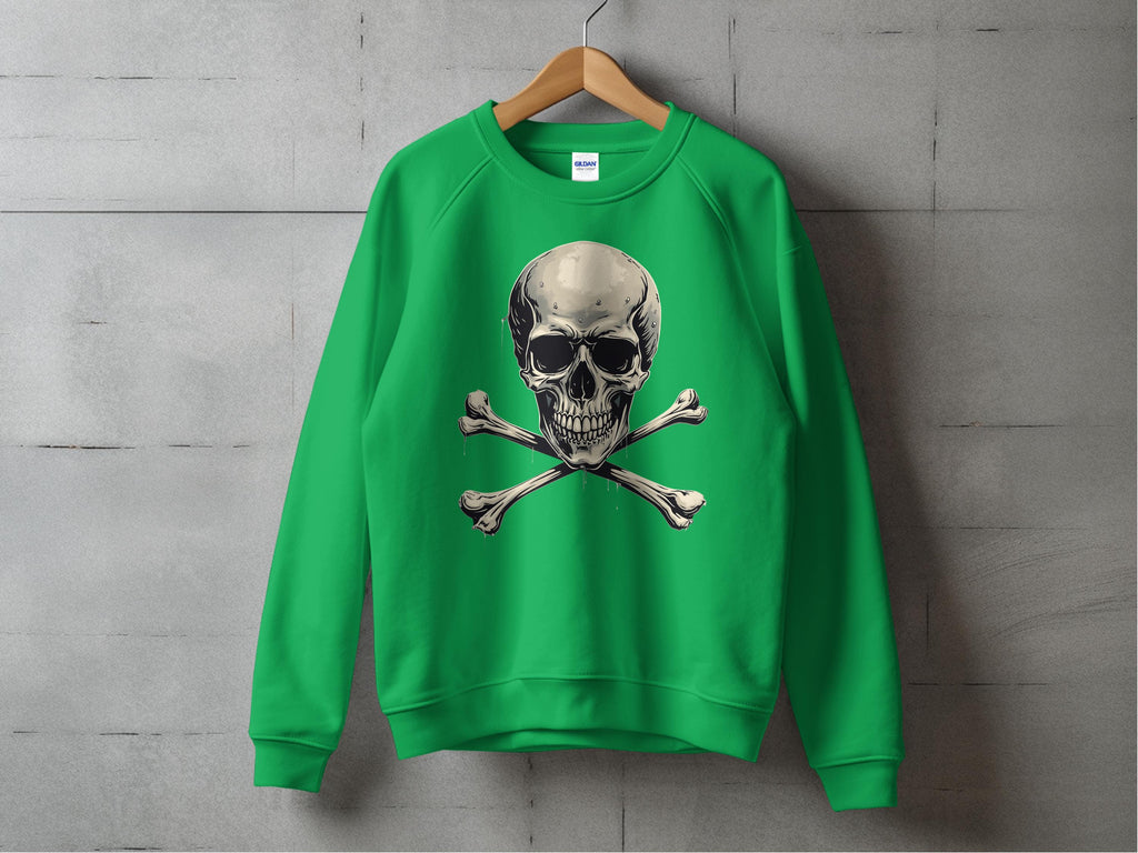 A Garment Graphics green sweatshirt featuring an edgy skull and crossbones design hangs on a wooden hanger against a textured gray wall.