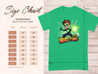 Vibrant green Garment Graphics t-shirt with a cartoon superhero holding a glowing orb, captioned Its Hero Time! A size chart for Gildan 5000 heavy cotton Superhero Graphic Print T-Shirts displays family sizing in inches from S to 5XL.