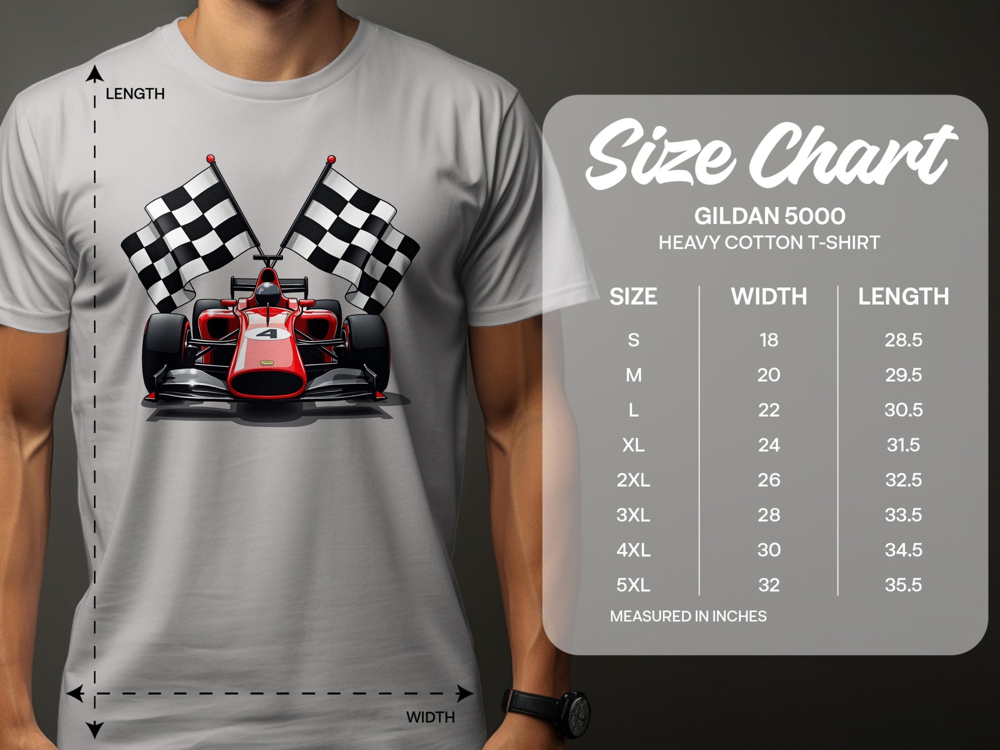 A motorsport fan wears a Garment Graphics white t-shirt featuring a red race car and two checkered flags. The size chart for these stylish Gildan 5000 T-shirts lists sizes S to 5XL with width and length measurements in inches.