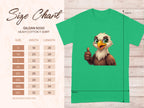 A green Garment Graphics T-shirt featuring a cartoon bird winking and giving a thumbs up adds fun to any casual wardrobe. To the left, a size chart for classic fit Gildan 5000 shirts provides width and length measurements in inches from S to 5XL.