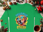 A Garment Graphics green sweatshirt displaying a dog in sunglasses and Pawsitive Stylish, Chillin Like a Canine Villain is ideal for dog lovers, shown with festive Christmas decor and a cozy coffee cup on wood.
