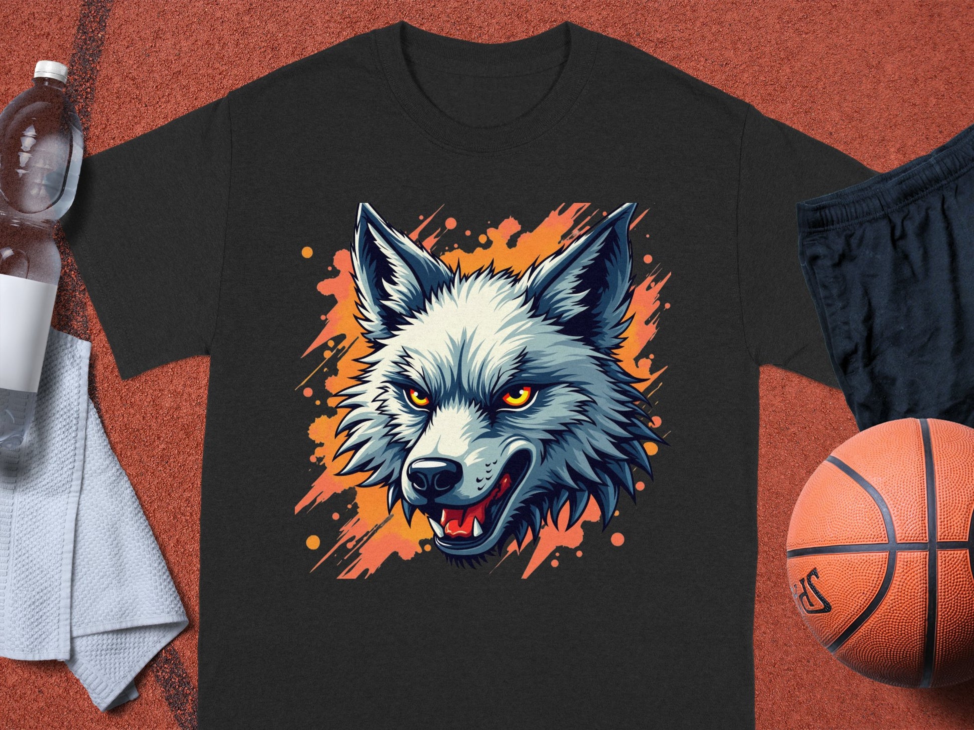 The Garment Graphics black T-shirt features a vivid, fearless wolf graphic with an expressive snarl. Complemented by a plastic water bottle, white towel, black shorts, and an orange basketball on a textured surface, this stylish tee is perfect for sports enthusiasts and bold design lovers.