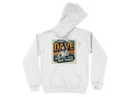 The Garment Graphics white hoodie features Just Dave Doing Dave Things text with a casual figure in an outdoor setting. Crafted from medium-heavy fabric, it offers durability and comfort for any adventure.