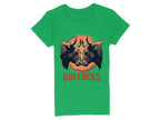 Garment Graphics offers a green t-shirt with a striking bull illustration: two bulls facing forward against an orange circular background, and BULLOCKS printed in red below. Ideal for casual wear.