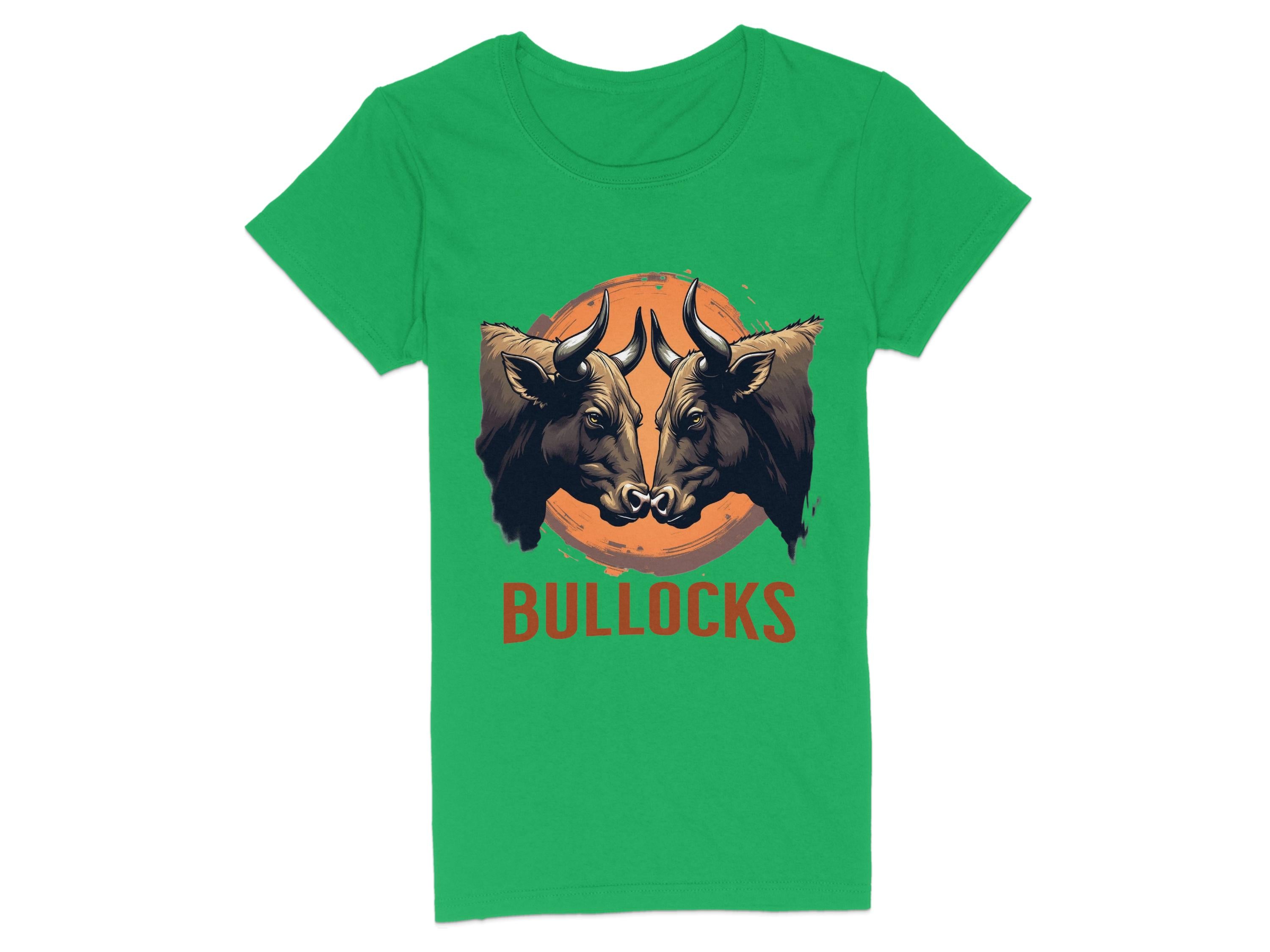 Garment Graphics offers a green t-shirt with a striking bull illustration: two bulls facing forward against an orange circular background, and BULLOCKS printed in red below. Ideal for casual wear.
