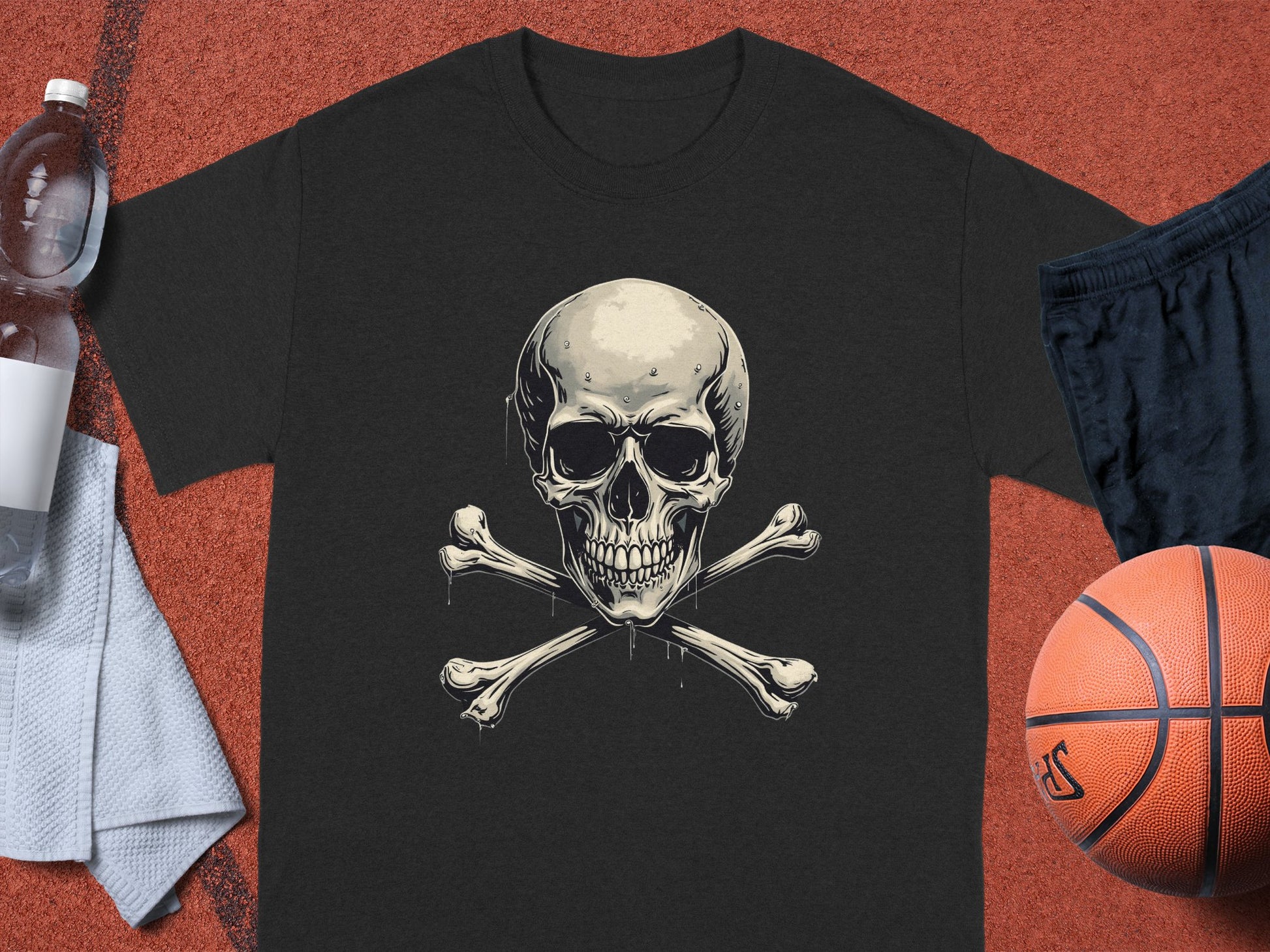 A black graphic t-shirt from Garment Graphics, featuring a striking skull and crossbones design, is laid out on the basketball court. Nearby essentials like a water bottle, white towel, basketball, and black shorts complete this bold fashion statement.