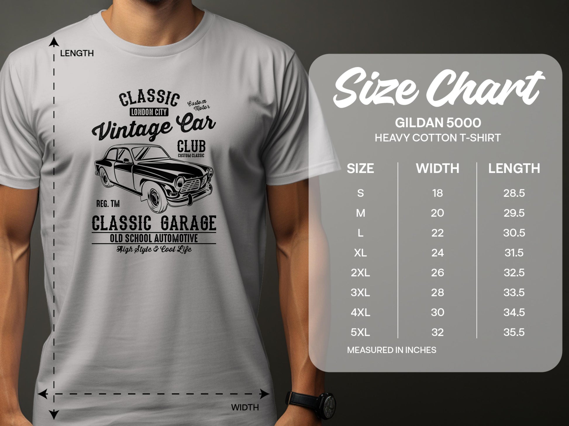 Someone is wearing a white Garment Graphics Vintage Car Club classic fit T-shirt. A size chart for the Gildan 5000 heavy cotton T-shirt shows sizes S to 5XL, with corresponding width and length in inches.