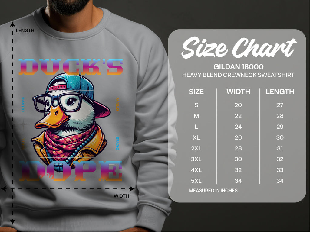 Someone is wearing a gray sweatshirt from Garment Graphics Brave Cool Swag Sweatshirts collection. It features a cartoon duck with glasses, headphones, and a colorful scarf, along with DUCKS DOPE text. The unisex Gildan 18000 size chart offers medium-heavy fabric in sizes S to 5XL.