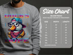 Someone is wearing a gray sweatshirt from Garment Graphics Brave Cool Swag Sweatshirts collection. It features a cartoon duck with glasses, headphones, and a colorful scarf, along with DUCKS DOPE text. The unisex Gildan 18000 size chart offers medium-heavy fabric in sizes S to 5XL.